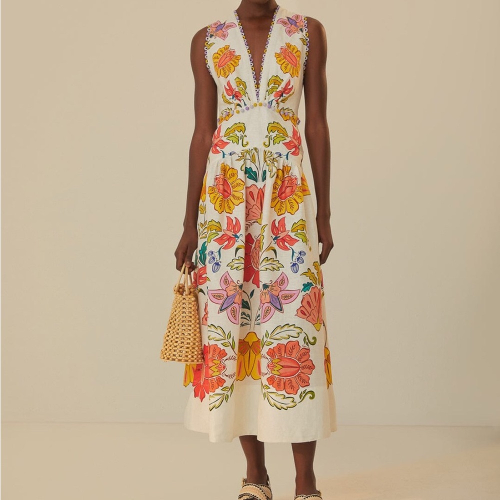 FARM Rio Colorful Floral Linen Midi Dress